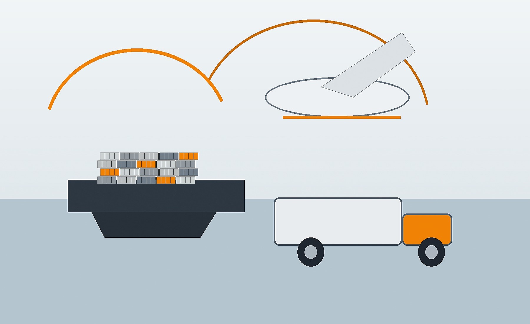 Hand-drawn multimodal transport illustration with ocean, air, rail and road elements