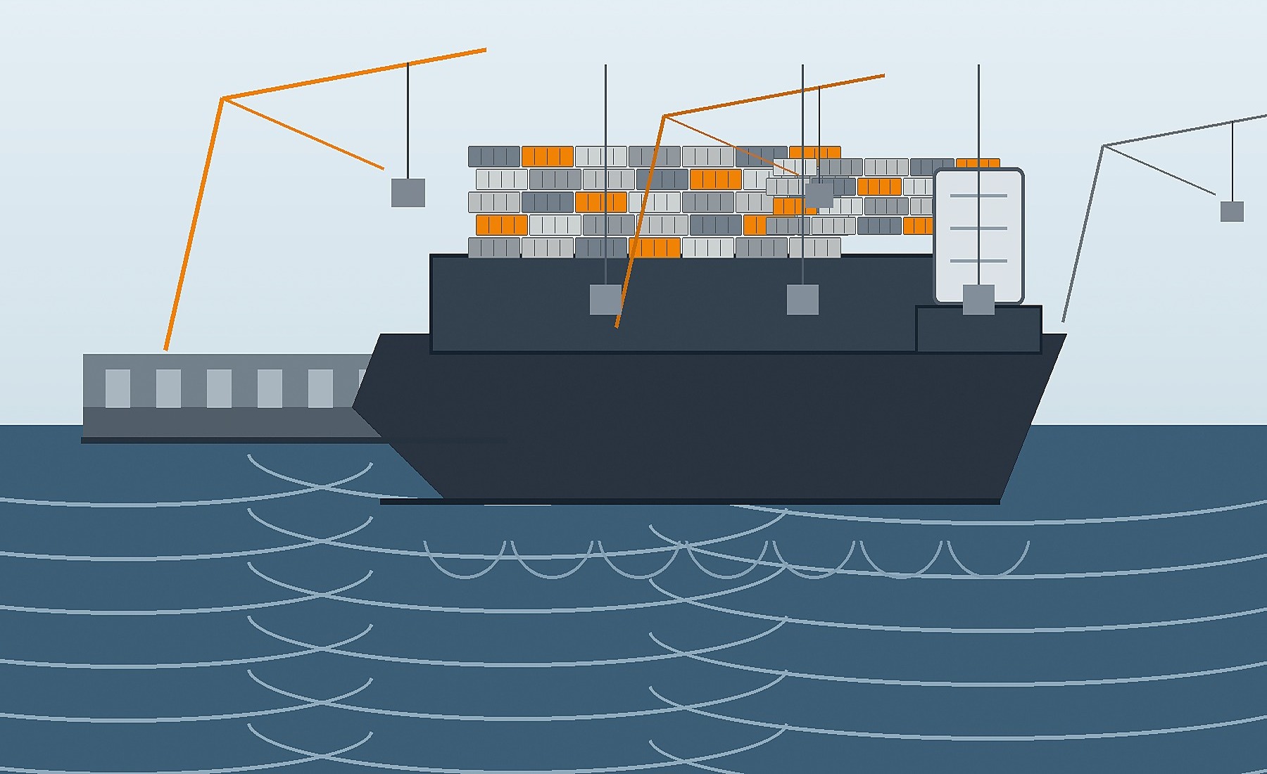 Hand-drawn ocean freight illustration with an unbranded container vessel, port cranes and cargo terminal